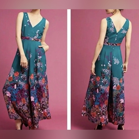 Maeve Dresses & Skirts - Maeve Anthropologie Womens Turquoise Floral V-Neck Wide Leg
Andalusia Jumpsuit 6